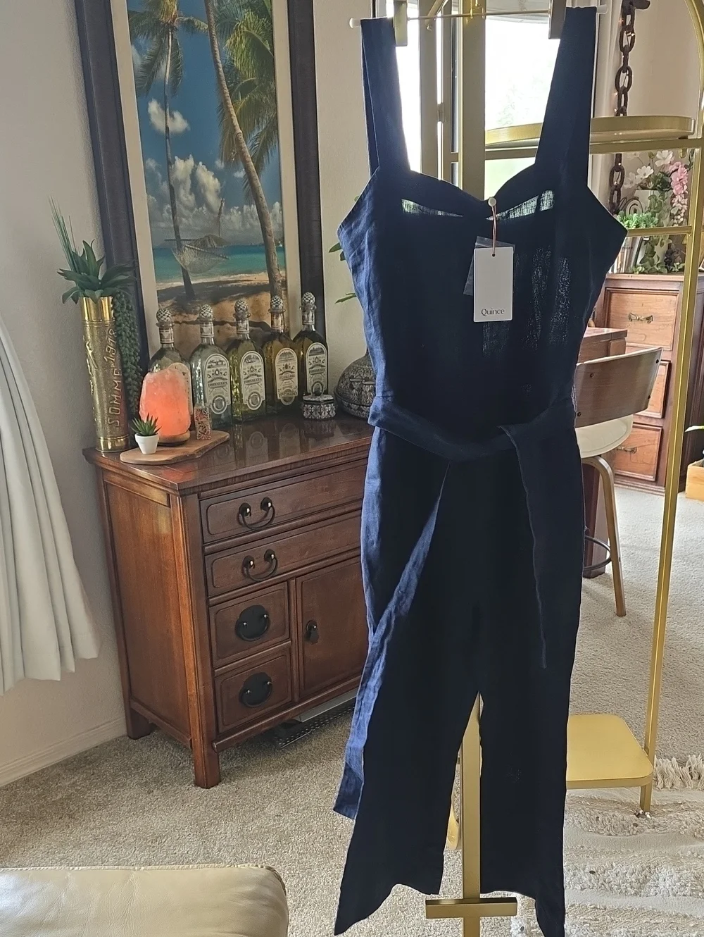 Quince Navy Square-Neck Linen-Blend Jumpsuit with Tie Waist Medium